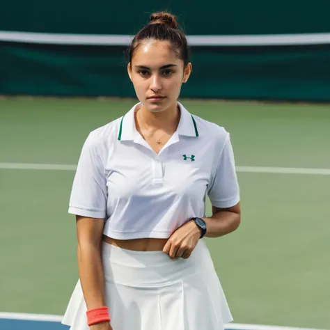 mabeer, (Skin texture, pores, blemishes), Super high res portrait photo of an actress dressed as a tennis player, white shirt, white skirt,f /2.8, Canon, 85mm,cinematic, high quality, skin texture, looking at the camera, skin imperfections,  