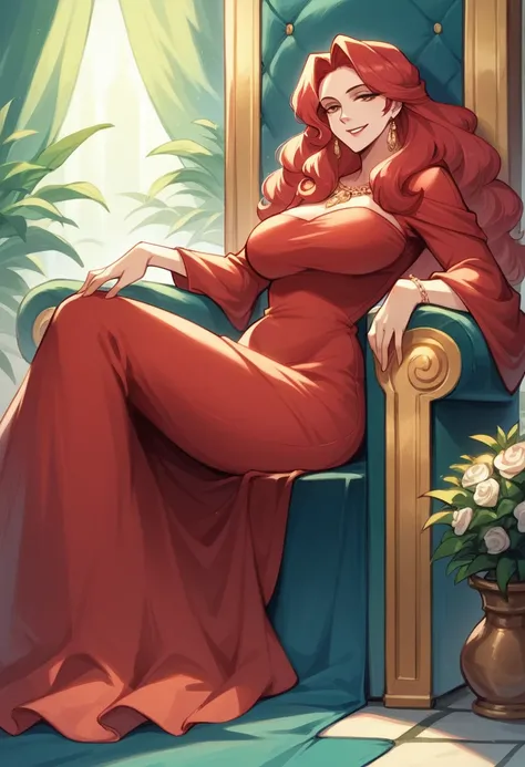 A beautiful woman sitting on a throne, pale skin and flowing red hair, medium legnth hair, dutchess in modest adornment, modest clothing, full dress, brown and red clothes, fur collar, pants under dress, warm colours, mature woman, sharp features, sly smil...