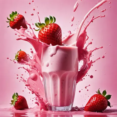 liquid splashing,falling fruit,the photo of the strawberry milk mix expresses visual beauty and appeal.. bright colors,mixed wit...