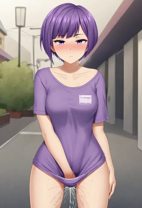 girl　Purple Hair　Purple eyes　Half an eye　Short Hair　Completely naked　Purple T-shirt　Lori　Expose　Town　cool　Vibrator Masturbation　Squirting　Bad mood　Expressionless　blush