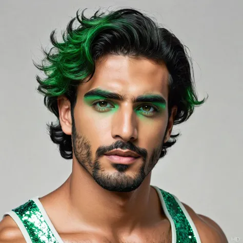 arafed man, (hispanic:arabic 0.80), 30s, stubble, short wavy hair, ((green eyeshadow)), subtle makeup, glitter, male, editorial, photoshoot, realistic, ultrahd