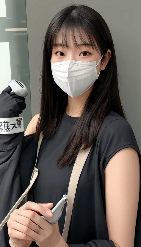 woman wearing a face mask and holding a cell phone in her hand, wearing mask, wearing a mask, wearing facemask, wearing facemask and sunglasses, wearing transparent glass mask, partially masked, no face mask, Chiho, Wearing a semi-transparent sheet, nodded...