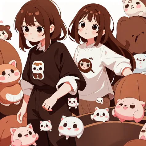 meyoco, opossumachine, nixeu, sorimachi-doufu, ninai, beautiful, digital art, 32k, full hd, 1 girl, ((gently brown hair)), ((middle length hair)),((black eyes)), ((white long shirt)), ((brown pant))