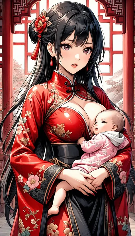 A tragic historical drama in 8k live-action style: Beautiful palace secrets　Beautiful Chinese Kung Fu Princess with long black hair is breastfeeding her child　Breast milk overflows from the nipples　Gorgeous embroidery, Ultra glossy, She is wearing a shiny ...