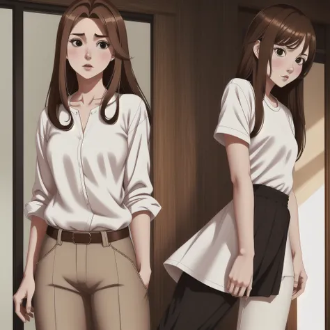 meyoco, opossumachine, nixeu, sorimachi-doufu, ninai, beautiful, digital art, 32k, full hd, 1 girl, ((gently brown hair)), ((middle length hair)),((black eyes)), ((white long shirt)), ((brown pant))