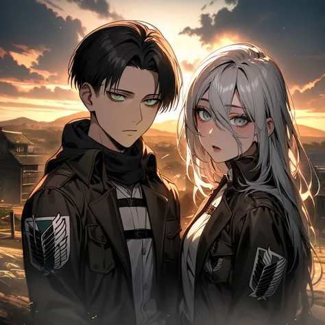 Ultra detailed, Highres, absurdres, HDR, Levi Ackerman, black hair, grey eyes, Shingeki No Kyojin, extremely handsome, 1 man with 1 woman, she have white hair and green eyes, the woman is part of the squad, the sunset, full-body portraits, dark ambiance, o...