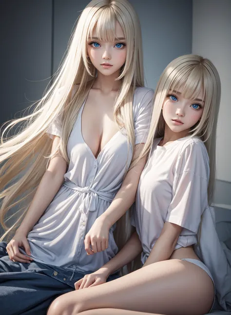 Unparalleled beauty, shiny shiny firm and shiny skin, bangs between eyes, shiny straight beautiful platinum blonde, super long straight silky hair, eyeliner, sexy beautiful innocent 14 years old, high definition big big beautiful bright blue eyes, beautifu...