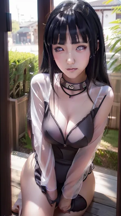 1girl, hyuga hinata in anime naruto, long hair, black hair, white eyes, smile, beautiful,  detail organza sleeping wear, very big tits and ass, outdoor background, ultra detail, realistic, sexy pos, sleep pose