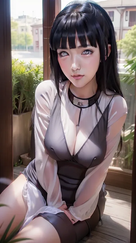 1girl, hyuga hinata in anime naruto, long hair, black hair, white eyes, smile, beautiful,  detail organza sleeping wear, very big tits and ass, outdoor background, ultra detail, realistic, sexy pos, sleep pose