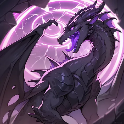 A black dragon with metal-like scales, horns semi curved backwards,black wings, cracks with a neon purple light, neon purple sclera, black torn pupil, neon purple irises, neon purple tongue, abundant black scales and small dorsal plates, black scale tail