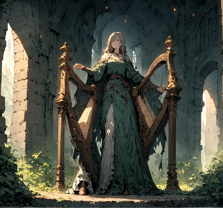 （HD), (masterpiece), (best quality), (Super detailed), (Best illustration), woman, Instrument 2Harp, whole body, middle Ages, Alone, dungeons and dragons，dungeons and dragons背景，Offers vistas that capture grandeur and atmosphere。