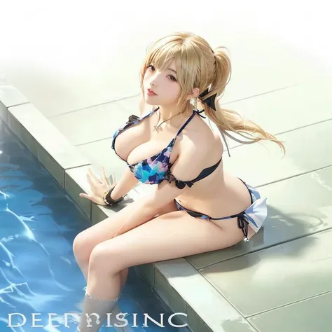 anime girl in a bikini sitting on a ledge by a pool, realistic bikini, misa amane *, misa amane, ( ( misa amane # ) ), seductive anime girl, is wearing a swimsuit, rin, in a bikini, in bikini, nami from one piece, rei hiroe, ecchi, beautiful anime girl squ...