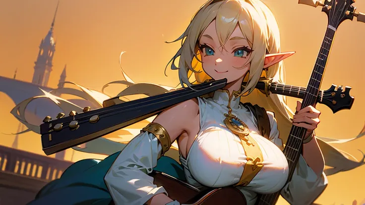 Anime Style,Nostalgic,Detailed background,The medieval world,A bustling square with many people,Smiling bard beautiful elf girl,guitar,Large Breasts,Underarm,Tower of Babel