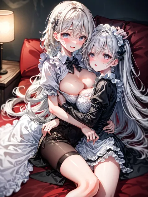 (Best quality, 8k, 32k, Masterpiece, UHD,:1.2),RAW, 2girls,ultra cute , natural lighting,transparent shining eyes, 20yo,medium breast ,fair complexion ,long White hair, flushed face, maid Costume, lying, From Below Closeup shot, (ecstasy:0.8) ,(slut:0.8), ...