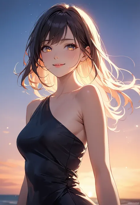 (masterpiece:1.5),(Beat quality),(high res),1girl solo,beautiful face,smile(shining eyes),light effects,one shoulder wrap onepiece women,sunset