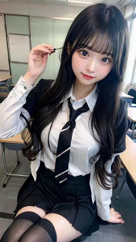 classroom、Black Hair、Long Hair、high school girl、uniform、Sit at a desk、Lift up the skirt、black tights、