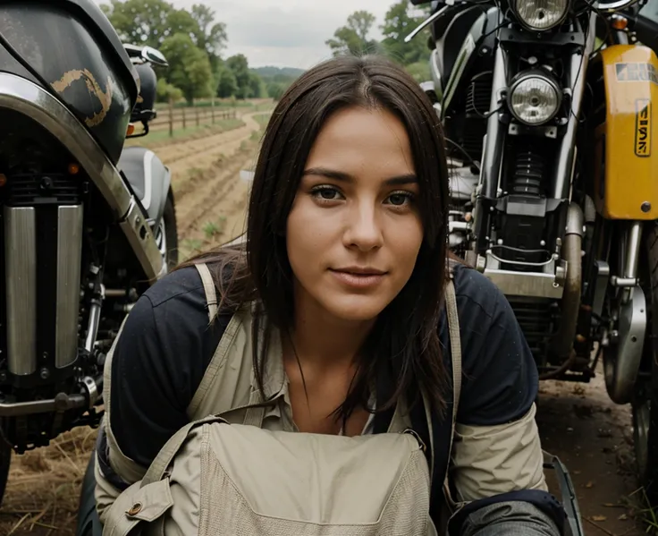 A farmer rides a motorbike in agricultural scenery