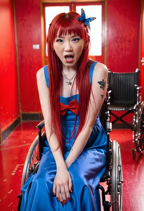 uhd, photo of cami, subject: noriko, 1/2 japanese 1/2 hainu skinny girl in a 2/0 large wheelchair with long red hair and fringe,...