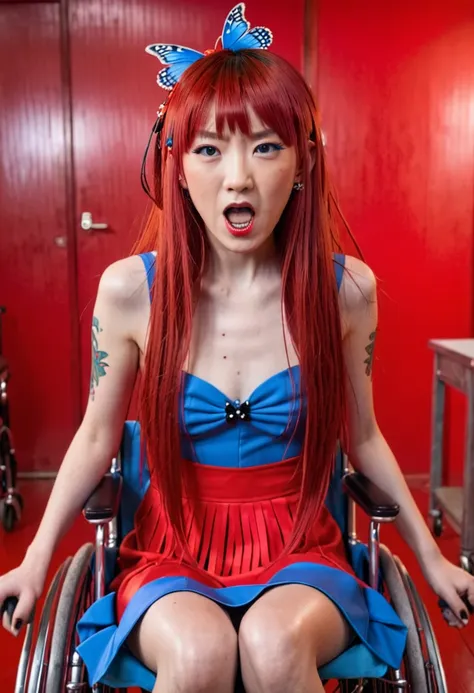 uhd, photo of cami, subject: noriko, 1/2 japanese 1/2 hainu skinny girl in a 2/0 large wheelchair with long red hair and fringe,...