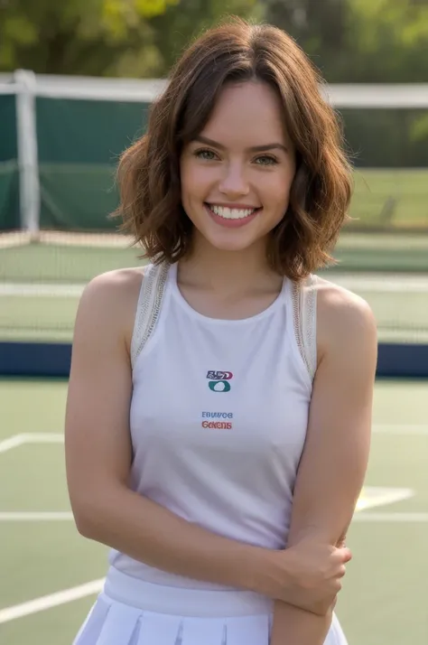 daisyrdl,smile,medium length hair,full length portrait,wearing tennis clothes, canon powershot,masterpiece,tennis court,bokeh,extreme dof,highly detailed,8k,uhd,soft lighting,white shirt, white skirt, nsfw