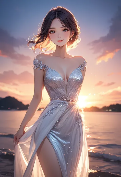 (masterpiece:1.5),(Beat quality),(high res),1girl solo,beautiful face,smile(shining eyes),cowboy shot,light effects,evening dress women,sunset