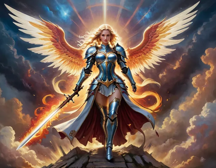 a ((medieval masterwork fresco art: 1.5)) Italian renaissance style, of a 1female angel knight, spread angelic wings, soft light, full body shot, ultra detailed face, determined expression, angel of justice and vengeance, blond hair, long hair, dynamic hai...