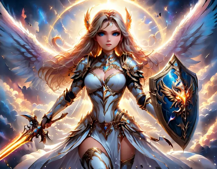 a ((medieval masterwork fresco art: 1.5)) Italian renaissance style, of a 1female angel knight, spread angelic wings, glowing halo soft light, full body shot, ultra detailed face, determined expression, angel of justice and vengeance, blond hair, long hair...