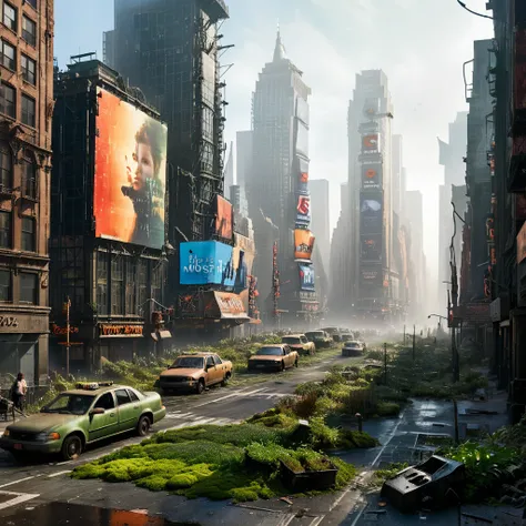 scenario: nova york, with the iconic times square abandoned for years, with nature invading the famous urban area. the surroundi...