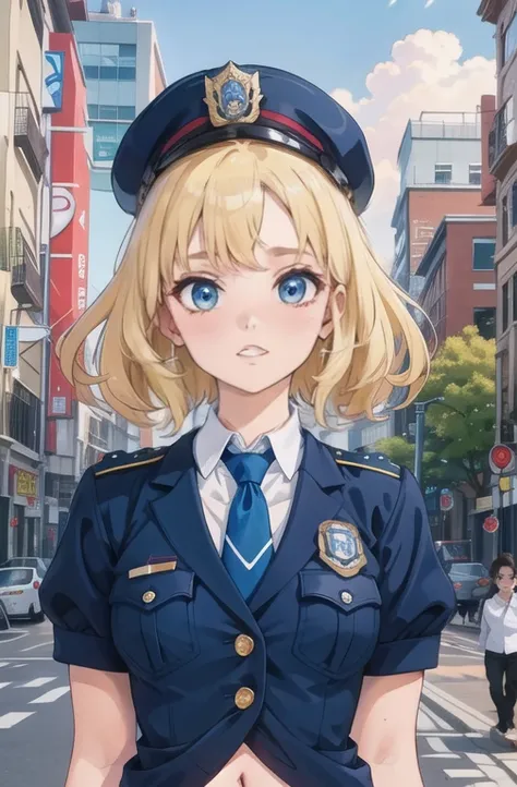 Kelly, hair blonde, blue colored eyes, wart under the mouth,  
make up, lips, curly hair, eyelash, 
standing alone, trunk, standing,  ssmile, 
natta, streets, city scape, carriages,  
uniforme policial, police hat, tummy,  black short shorts, blue shoes,  ...