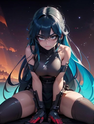 Akame ga kill, Akame, Sitting on a wall, with your black katana on the floor, black eye sclera, scarlet eye iris, (Ultra-realistic), {extremely detailed 8k CG unity wallpaper}, expansive landscape photography, (a view from below that prioritizes the charac...