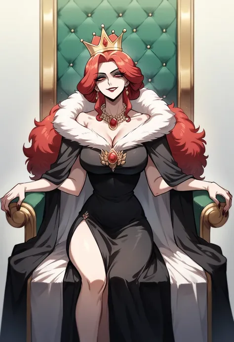 a beautiful woman sitting on a throne, pale skin and flowing red hair, medium legnth hair, dutchess in modest adornment, modest ...