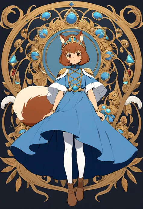 Nausicaa, the main character of Nausicaa of the Valley of the Wind、Brown bob hair、A small fox squirrel on his shoulder、skin is white、The outfit is a blue dress、White thighhighs underneath、The shoes are brown ankle-high boots.、whole body、Real、high resolutio...