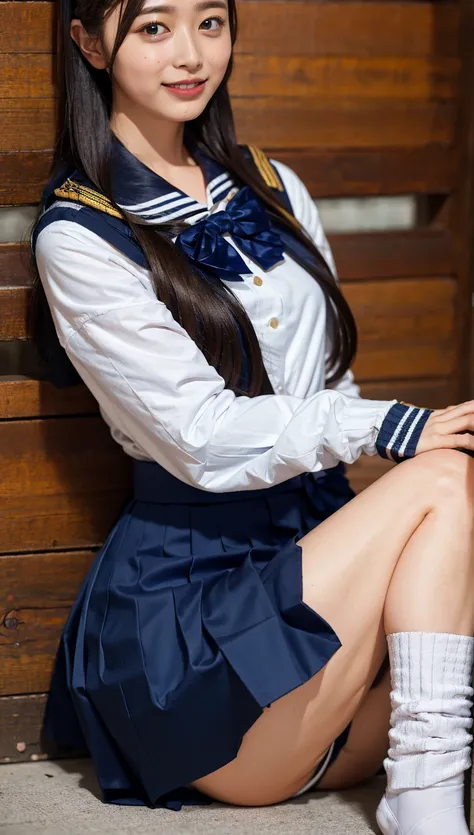 ((highest quality、8k、masterpiece:1.3)),((((fullbody shot)))),Ultra-high resolution,big eyes,Japanese,forehead,bangs,(a girl),(1 girl),((16 years old)),((cute)),pretty,((facing at viewer)),(long hair),(((black sailor uniform))),grin,standing