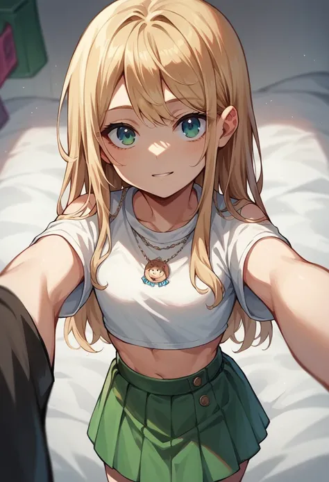 Selfie, 1 Girl 1 Boy, POV as the girl. Anime. Boy: Young, brown hair, blue eyes. Girl (Viewer): Shoulder long blonde hair, green eyes, wearing an skirt and crop top (Both designer Clothes).