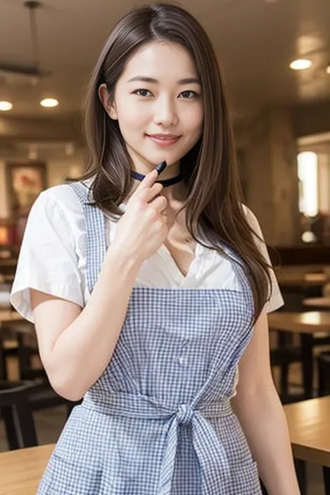 ooki masterpiece、Highest quality、Ultra-high resolution、(Photorealistic:1.6)、1 girl、(Long Hair:1.5)、(round face:1.3)、(Gingham check suspender apron:1.3)、(Plain blue high waist skirt:1.3)、(Apron skirt:1.2)、(White blouse:1.3)、(Double-breasted、Underbust:1.2)、S...