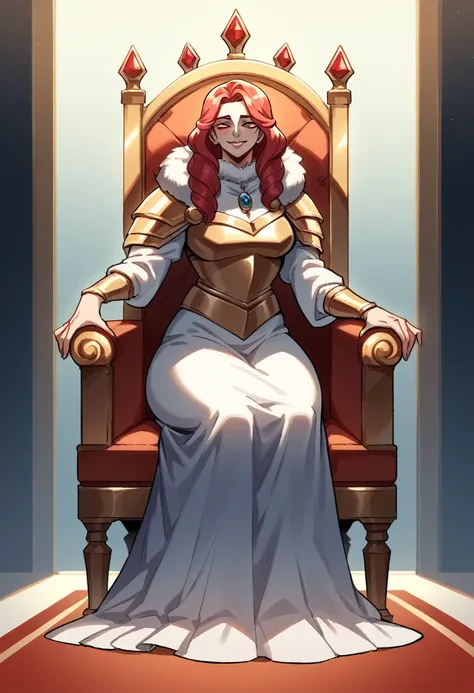 a beautiful woman sitting on a throne, pale skin and flowing red hair, medium legnth hair, dutchess in modest adornment, modest ...