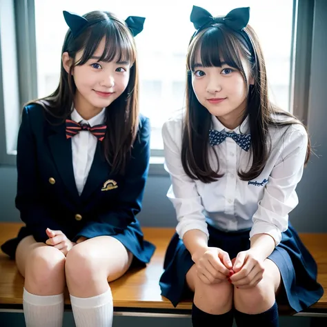 2 girls in classroom near window,navy blue blazer,white shirt with red bow tie,navy blue pleated skirt,navy blue knee-high socks,18-year-old,bangs,a little smile,thighs,knees,straight hair with barrette,from below,front-light