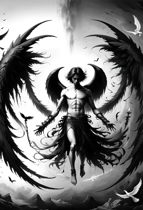 a painting of dark fallen angel lucifer surrounded by dark wings, black and white möbius strip, spinning and tumbling white wing...