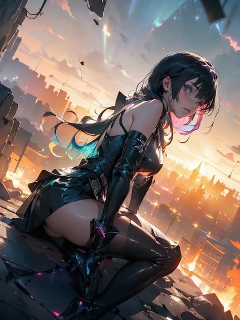 Akame ga kill, Akame, Sitting on a wall, with your black katana on the floor, black eye sclera, scarlet eye iris, (Ultra-realistic), {extremely detailed 8k CG unity wallpaper}, expansive landscape photography, (a view from below that prioritizes the charac...