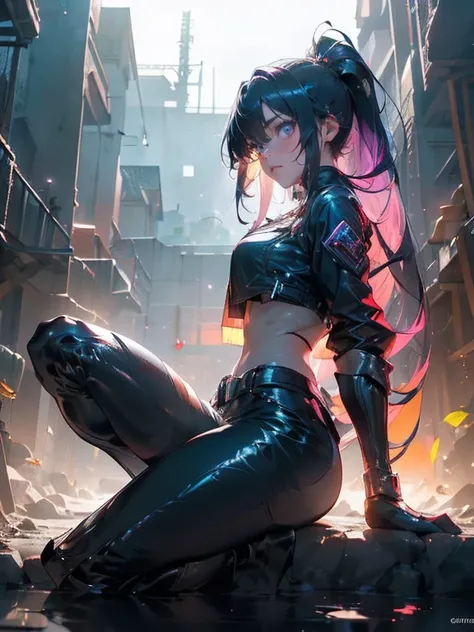 Akame ga kill, Akame, Sitting on a wall, with your black katana on the floor, black eye sclera, scarlet eye iris, (Ultra-realistic), {extremely detailed 8k CG unity wallpaper}, expansive landscape photography, (a view from below that prioritizes the charac...