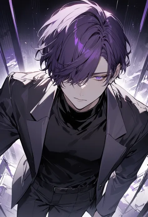 good looking, alone, male, short hair, hair covering the left eye, dark lavender hair, purple eyes, black shirt, black pants, bl...