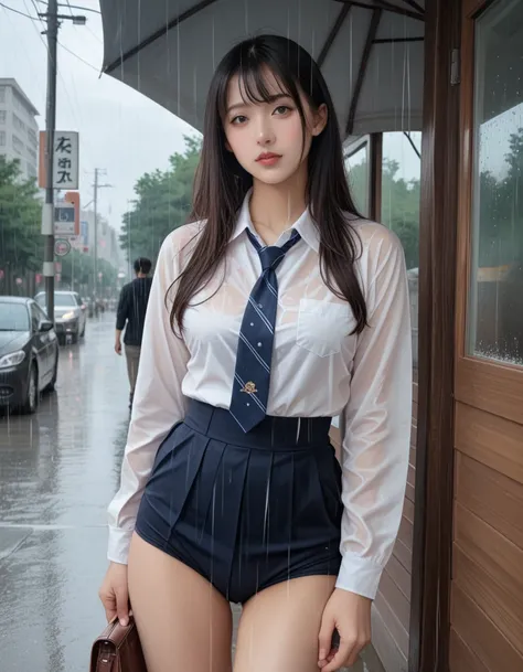 score_9,score_8_up,score_7_up,8k, breasts, a beautiful japanese woman, high school girl in the rain, （her uniform is transparent...