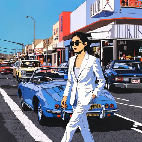 hideto suzuki,one girl,suit, walking, street, sunglasses, shop, sports car, blue sky