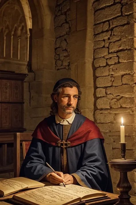 A medieval writer inside a monastery, by candlelight, writing on parchment with a quill