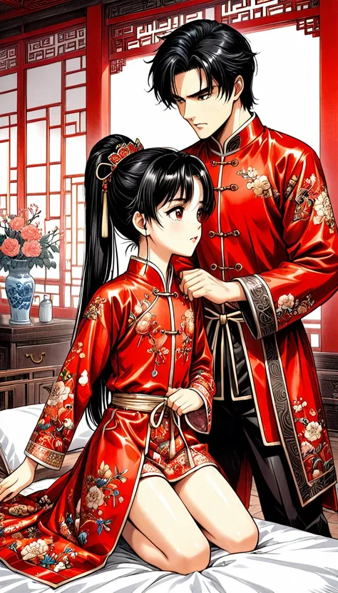 A tragic historical drama in 8k live-action style: Beautiful palace secrets　A beautiful 10-year-old Chinese Kung Fu princess with long black hair is being examined by a doctor　Gorgeous embroidery, Ultra glossy, She is wearing a shiny red top and bottom lon...