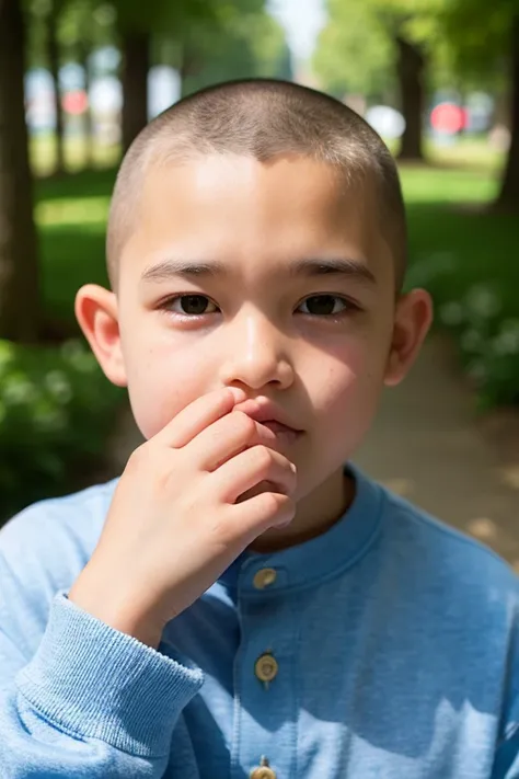 Shaved head, hands holding ears１５Year old boy



