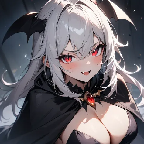 Bat girl,White hair,red eyes,Solo,portrait,Cleavage, fang vampire,Black Cape,spread arms,masterpiece, best quality, very aesthetic, absurdres masterpiece, best quality, very aesthetic, absurdres masterpiece, best quality, very aesthetic, absurdres,looking ...