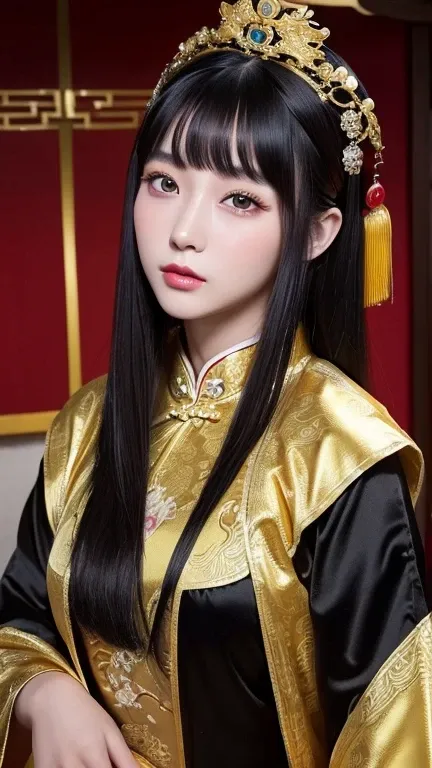 (((Chinese Beauty)))、21 years old、(Very heavy makeup:1.2)、(Slanted Eyes:1.3)Shiny Hair、Glowing Skin、Very white skin、Jet Black Hair、Straight long hairstyle、Big eyes、Double eyelids、Luxury Chinese palace、Golden Hair Ornament、(The queens costume)、Luxurious and...