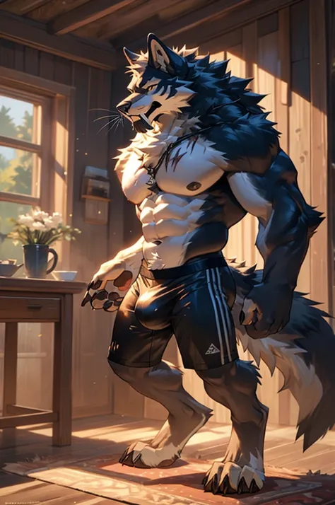 close up, furry, anthro, giant werewolf,wolf ears,wolf tail, dark grey and white fur, messy fur, neck floof, yellow glowing eyes, razor sharp teeth, sabertooth, long sabertooth, muscular body, handsome, monstrous, posing in a house, daytime, alone, wearing...