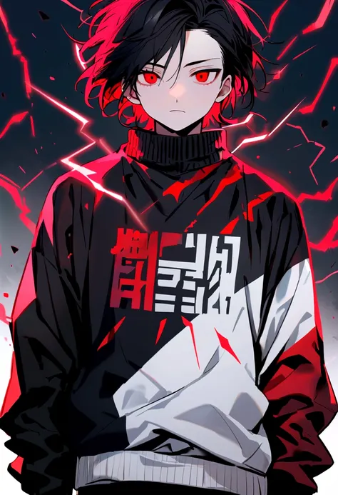 Man 17 years old Long black hair black and white sweatshirt with red electricity on the body